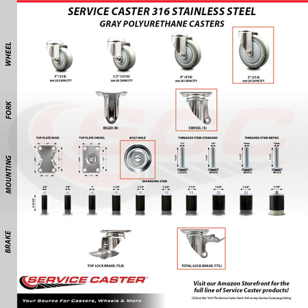 Service Caster 5 Inch 316SS Gray Polyurethane Swivel Bolt Hole Caster Set with 2 Lock Brake SCC-SS316BHTTL20S514-PPUB-2-S-2